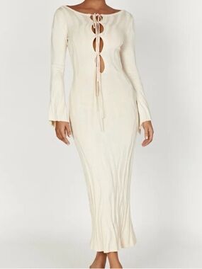 Meshki Cream Long-Sleeve Midi Dress with Front Tie Cutouts